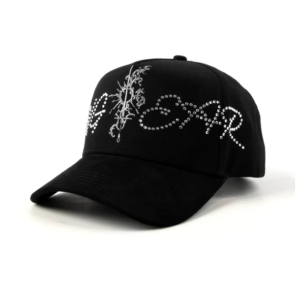 бейсболка с 5 панелями из Double-Sided Suede с Flat Embroidery и Rhinestone - Premium OEM headwear detail