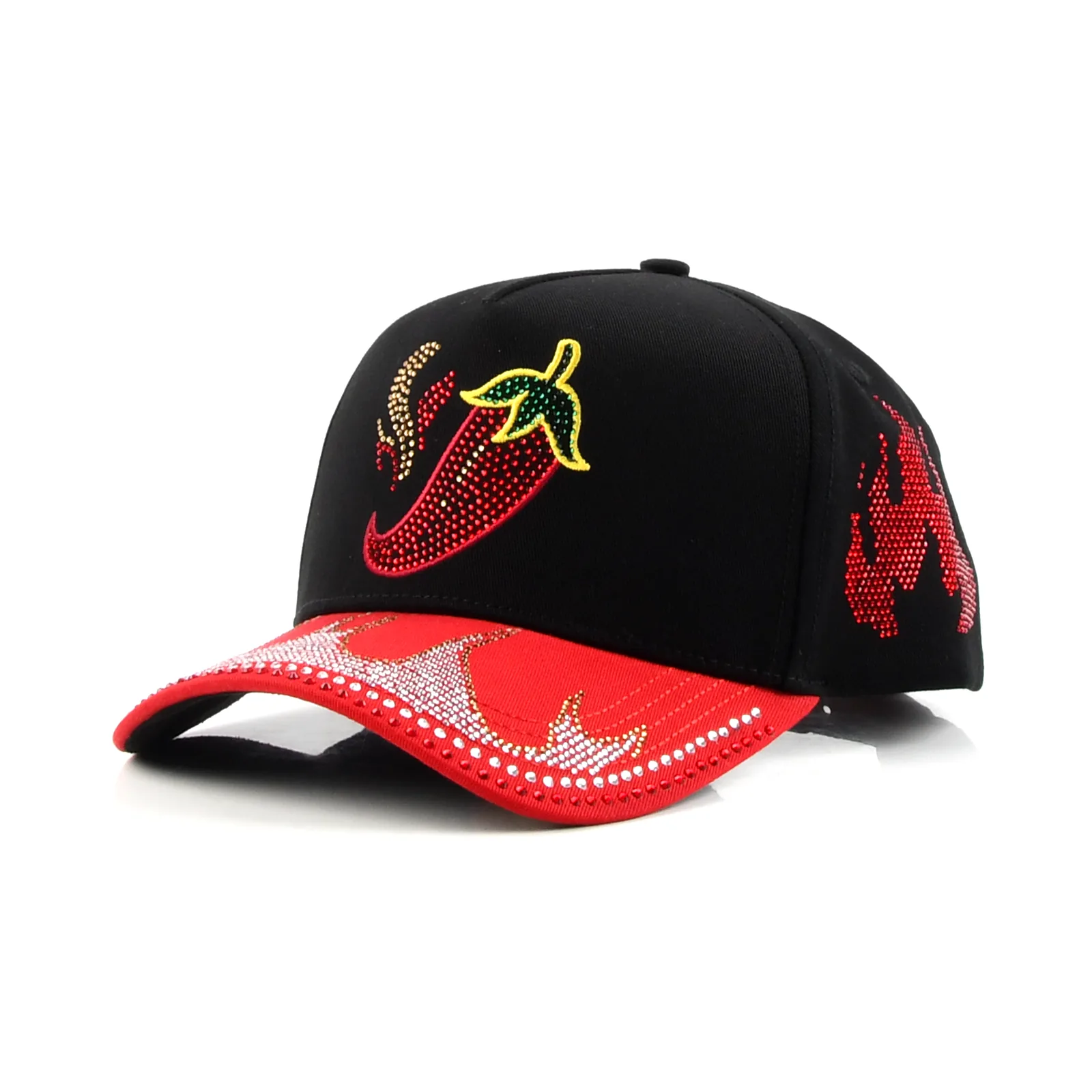 Streetwear 5-Panel Baseball Cap with Flat Embroidery and Rhinestone