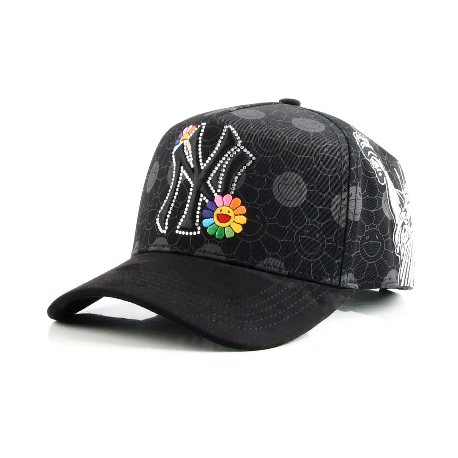 Streetwear 5-Panel Baseball Cap with Flat Embroidery and Rhinestone